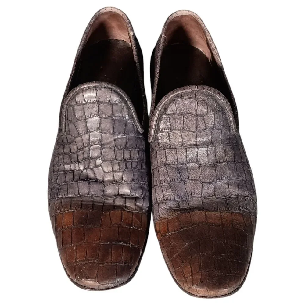 Jo Ghost Mens Shoe Slip on Loafer Grey Brown Croc 45/US 12 Leather Made In Italy
